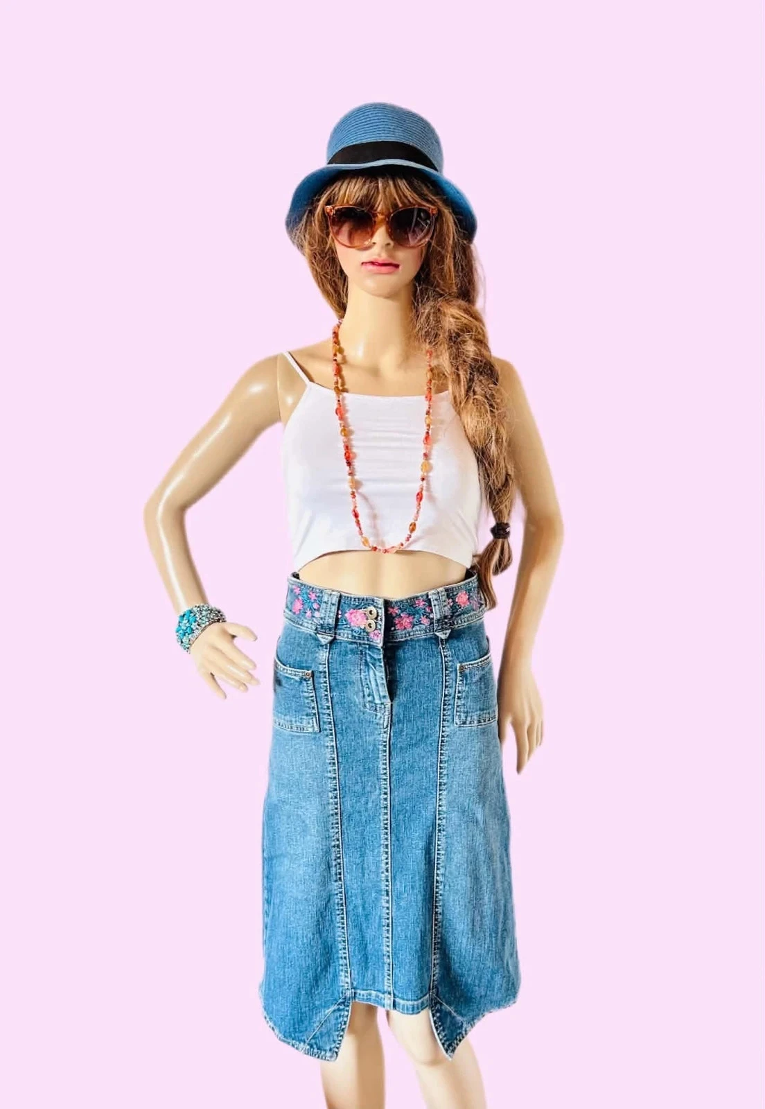🦋Jupe en jean brodée vintage 2000 Y2K boho folk hippie cottage floral embroidery denim skirt 34/36🌸 – photo 8